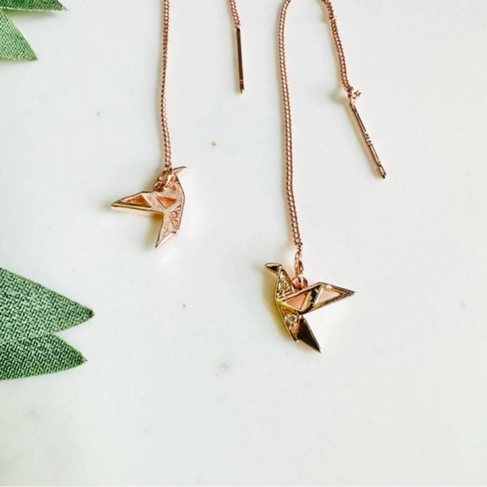 Origami Crane Bird Rose Gold Threader Earrings Delicate Long Chain Tassel - Picture 3 of 10